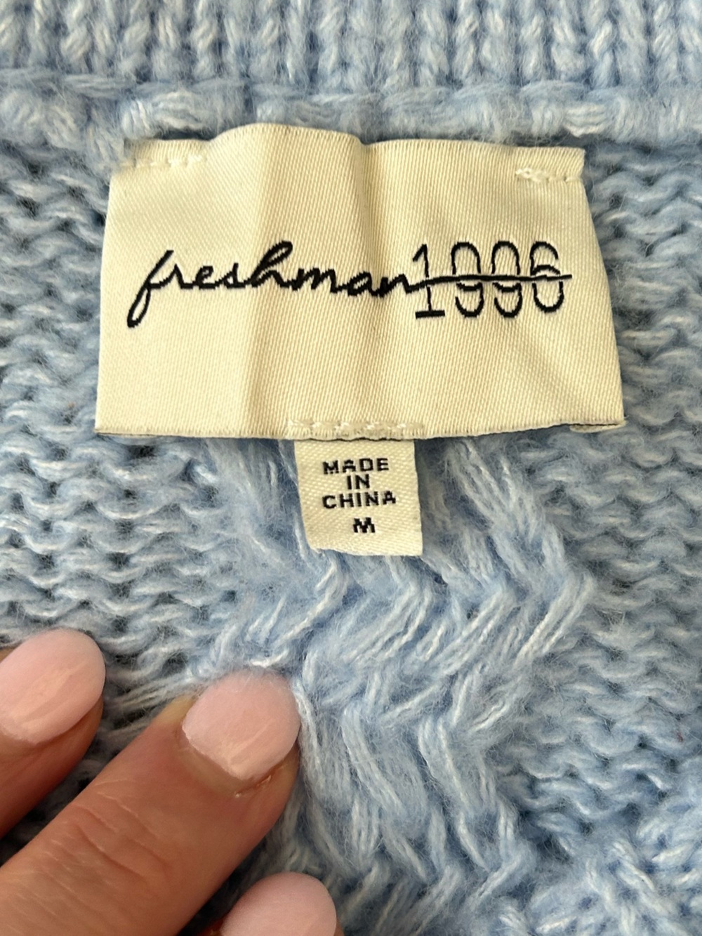 Freshman Powder Blue Cropped Cable Cardigan with Cream Flower Buttons - Picture 3 of 4